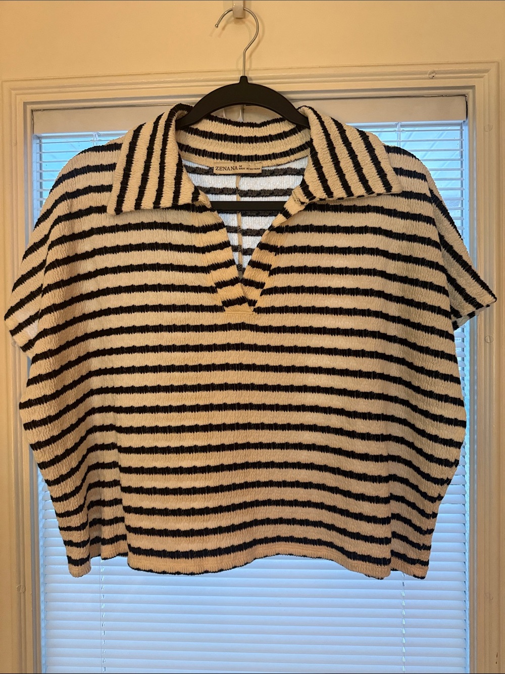 Zenana Outfitters Black and White Striped Collared Short-Sleeve Top
